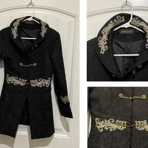 Embroidered Brocade Longline Jacket, High Collar, Embellished Cuffs, Sm